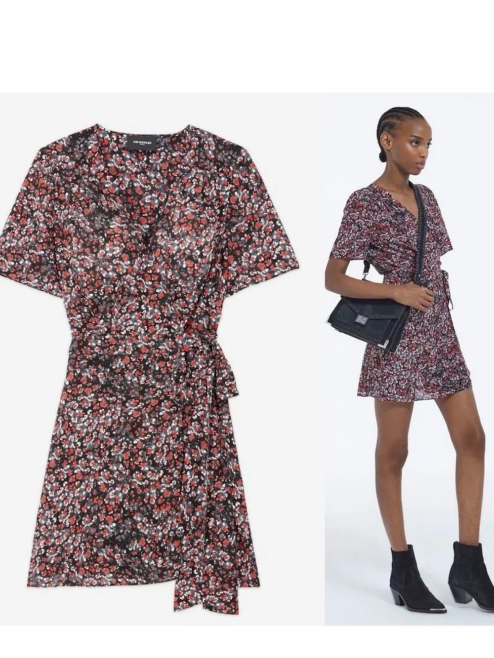 The Kooples Wrap Silky Midi Dress, black white & red floral
